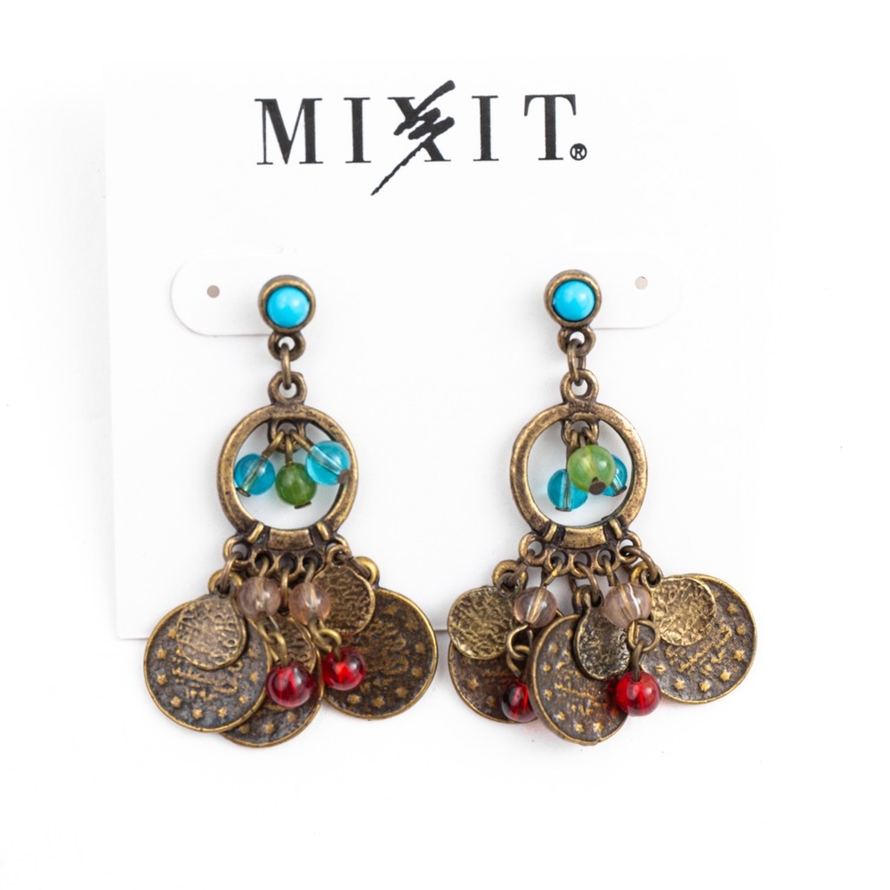 Boho vibe chandelier earrings dark antique gold tone blue,green, red beads Mixit